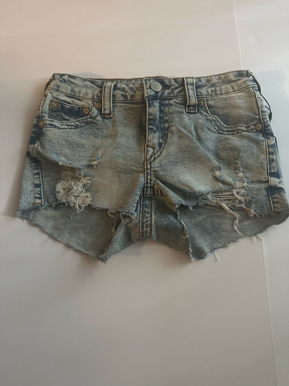 True Religion Washed Blue Distressed Denim Cutoff Shorts